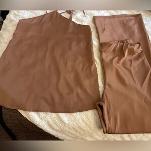Brown Satin Top and Pants Set